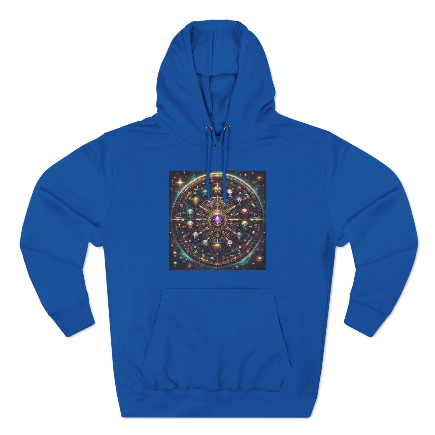 Zodiac Wheel Three-Panel Fleece Hoodie, Astrology Enthusiasts Gift, Mystical Zodiac Signs, Cosmic Vibes, Starry Background, Metallic Design,