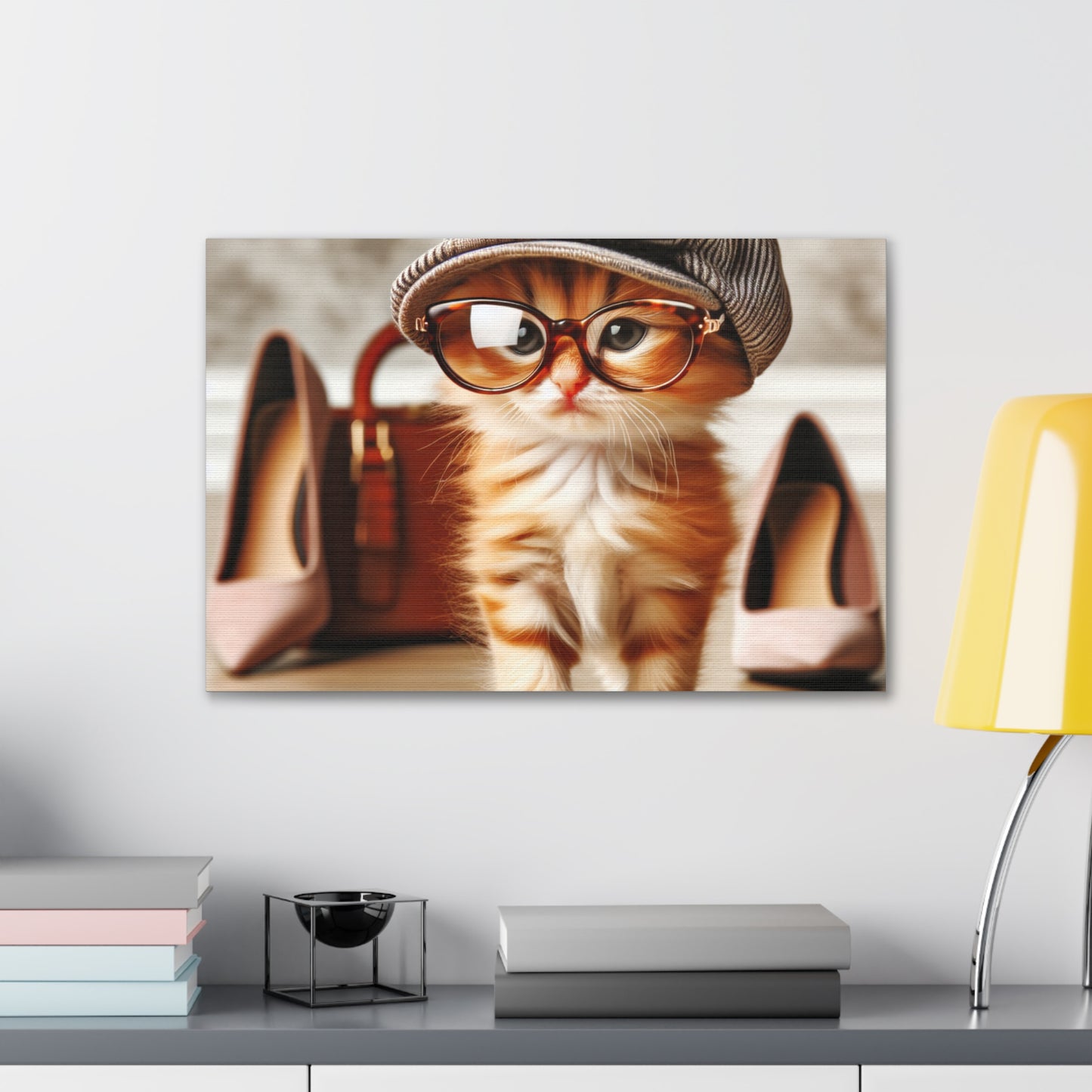 Canvas Wall Art - Cool Cat With Lady Shoes, Cap, and Eyeglasses