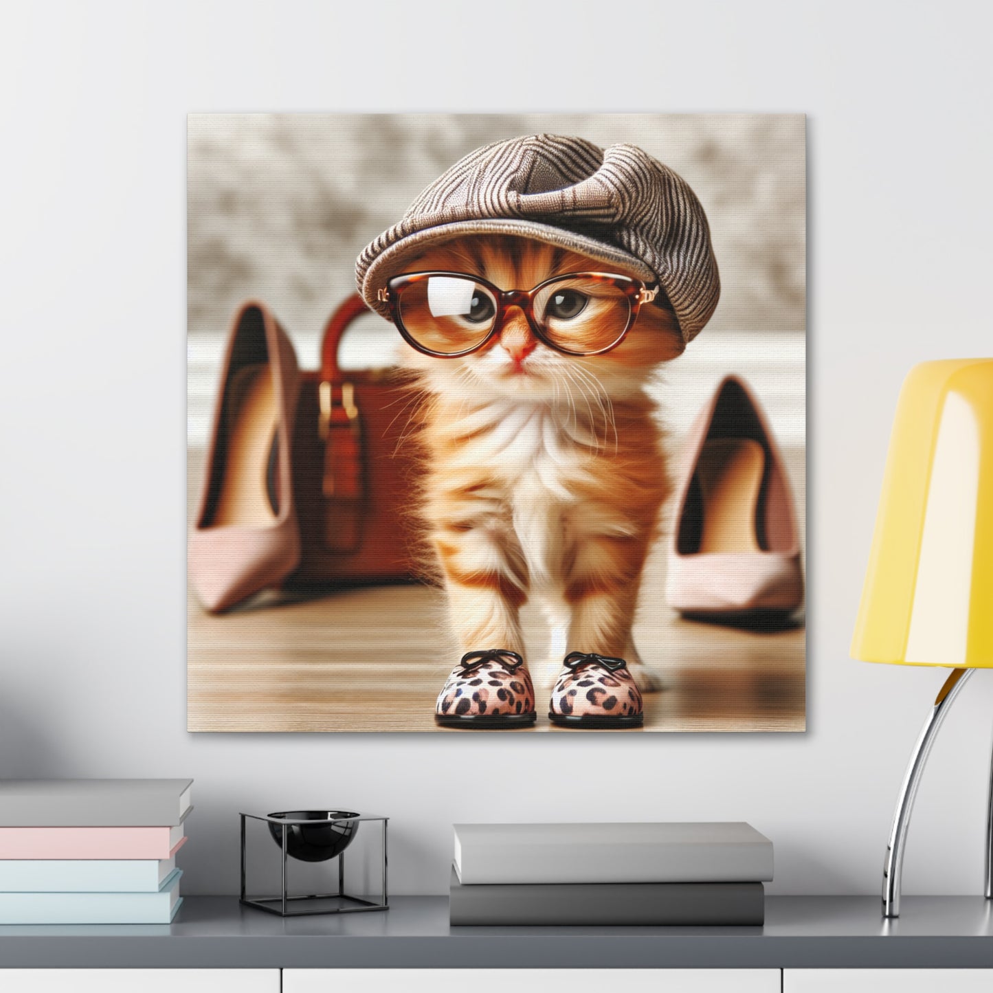 Canvas Wall Art - Cool Cat With Lady Shoes, Cap, and Eyeglasses