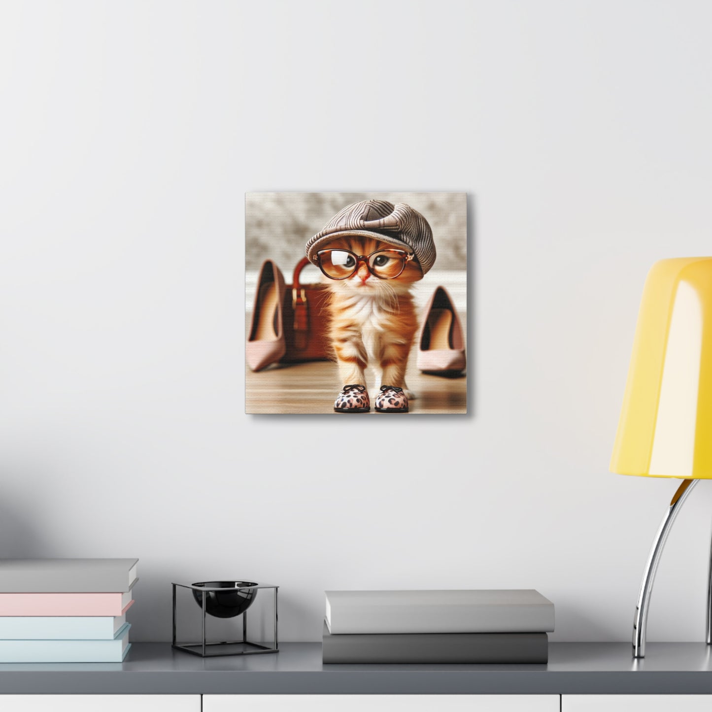 Canvas Wall Art - Cool Cat With Lady Shoes, Cap, and Eyeglasses