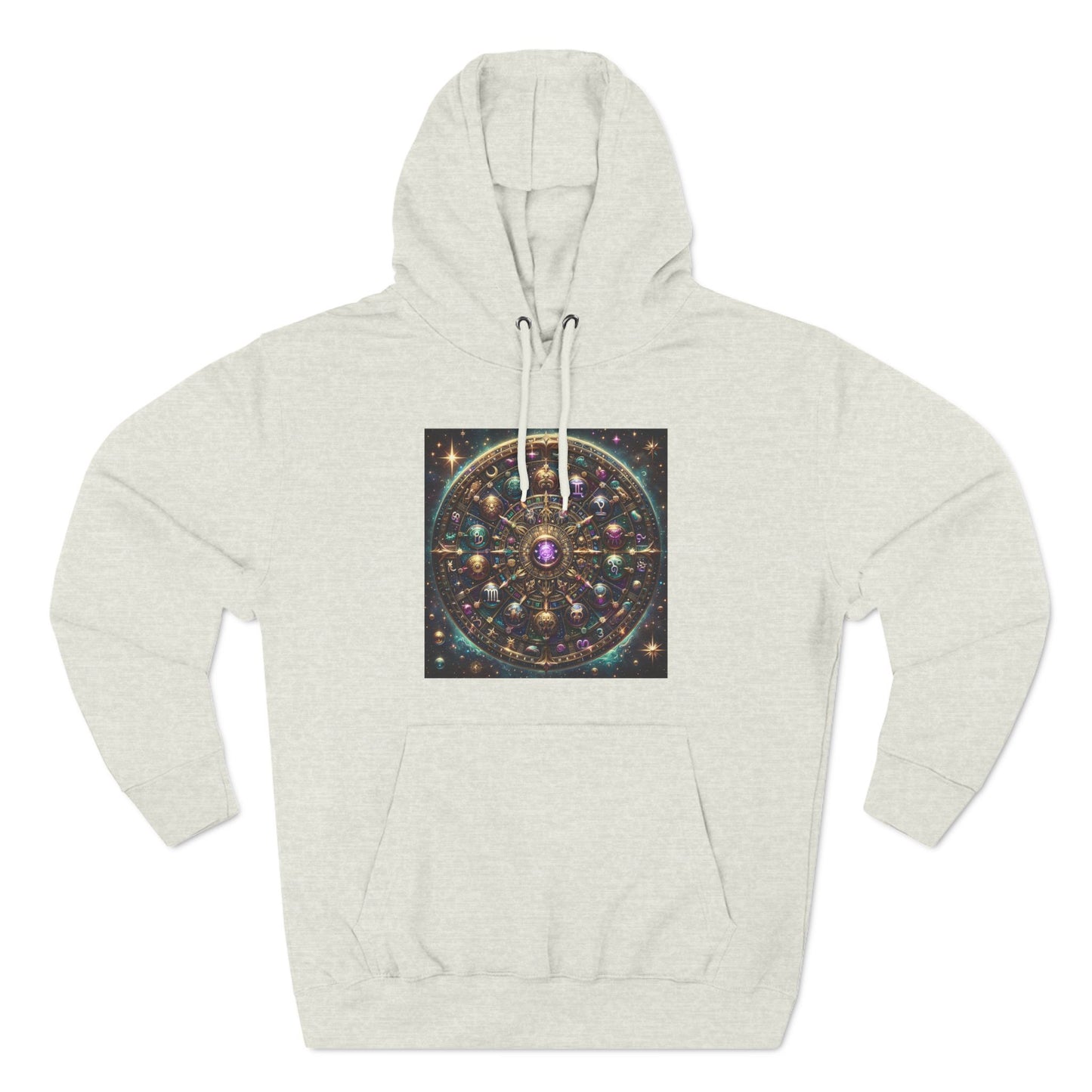 Zodiac Wheel Three-Panel Fleece Hoodie, Astrology Enthusiasts Gift, Mystical Zodiac Signs, Cosmic Vibes, Starry Background, Metallic Design,