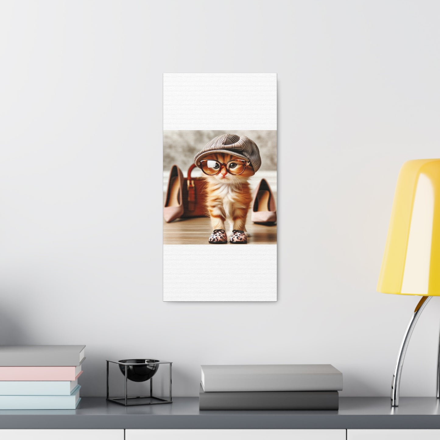 Canvas Wall Art - Cool Cat With Lady Shoes, Cap, and Eyeglasses