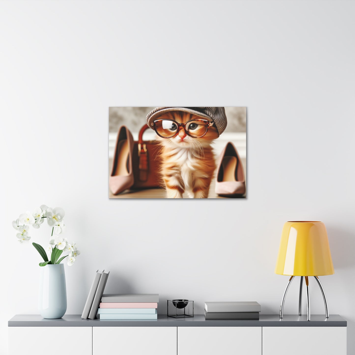 Canvas Wall Art - Cool Cat With Lady Shoes, Cap, and Eyeglasses