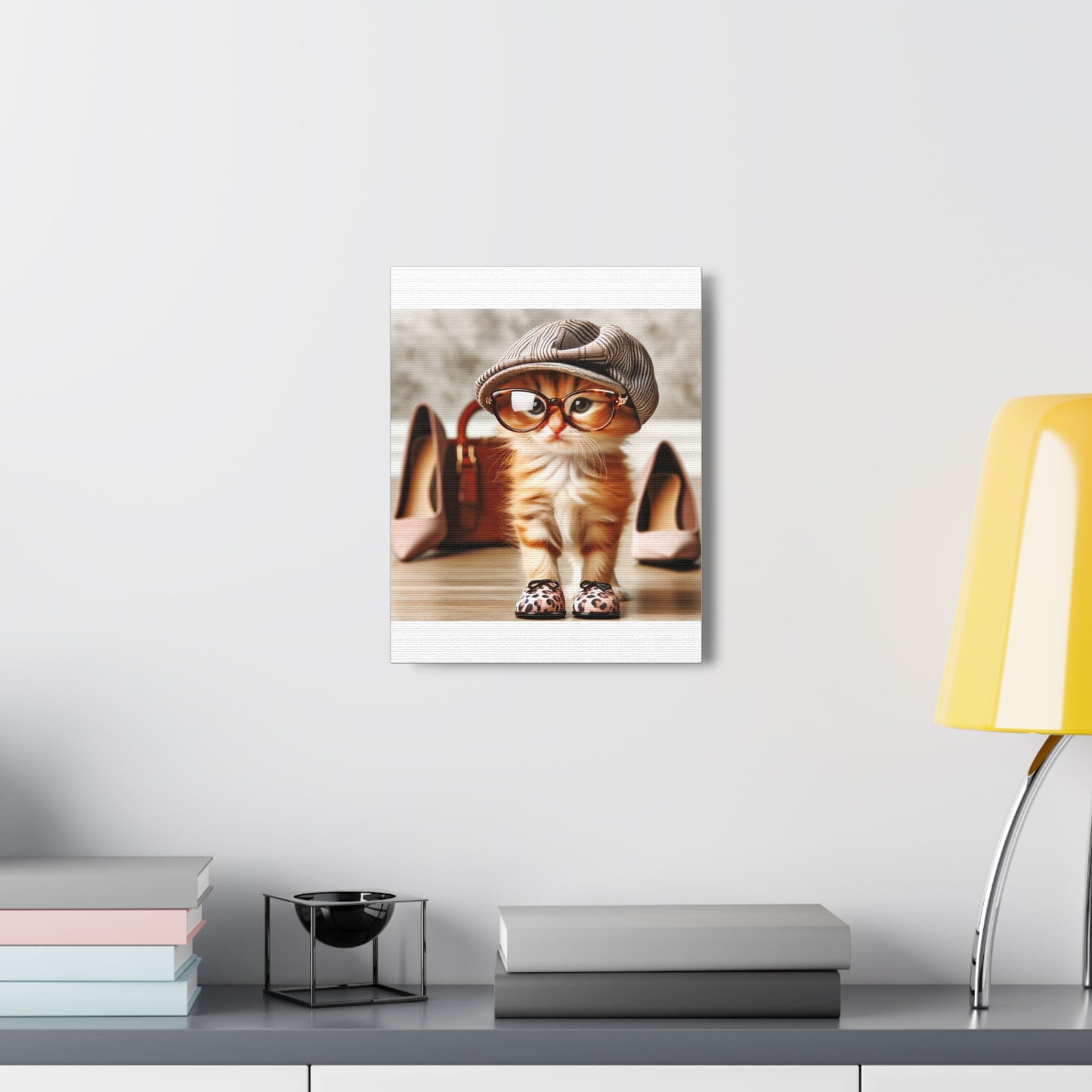 Canvas Wall Art - Cool Cat With Lady Shoes, Cap, and Eyeglasses