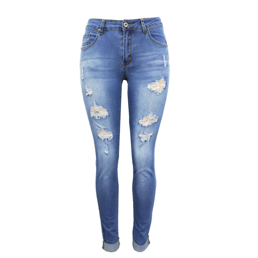 Women's High Waisted Skinny Destroyed Ripped Hole Denim Pants