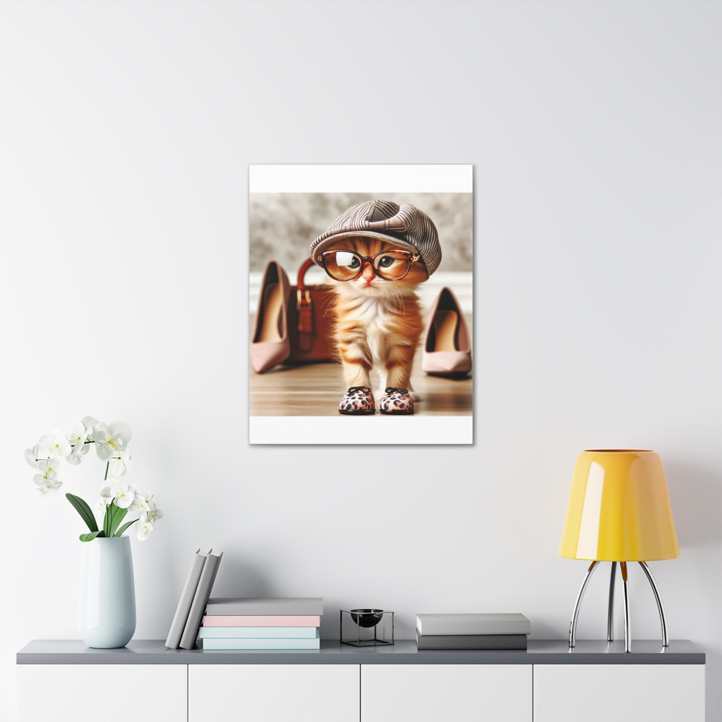 Canvas Wall Art - Cool Cat With Lady Shoes, Cap, and Eyeglasses