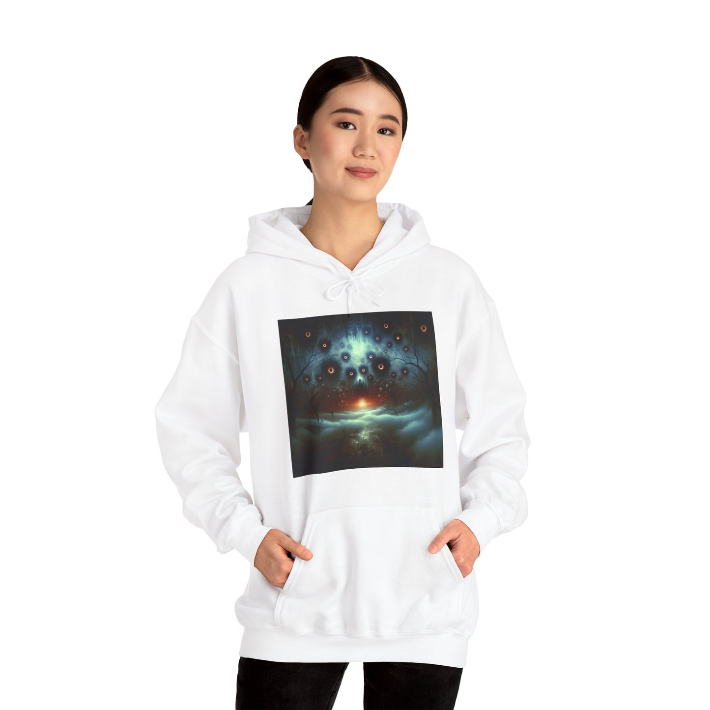 Haunted Halloween Unisex Hoodie, Eerie Atmosphere, Creepy Eyes, Spooky Surreal Sweatshirt, Detailed Haunting Design, Digital Painting, Low