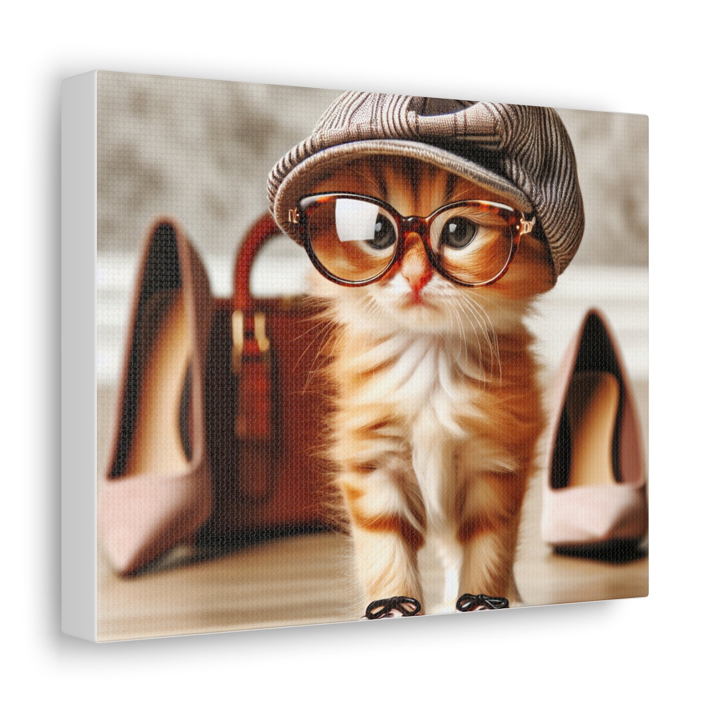 Canvas Wall Art - Cool Cat With Lady Shoes, Cap, and Eyeglasses