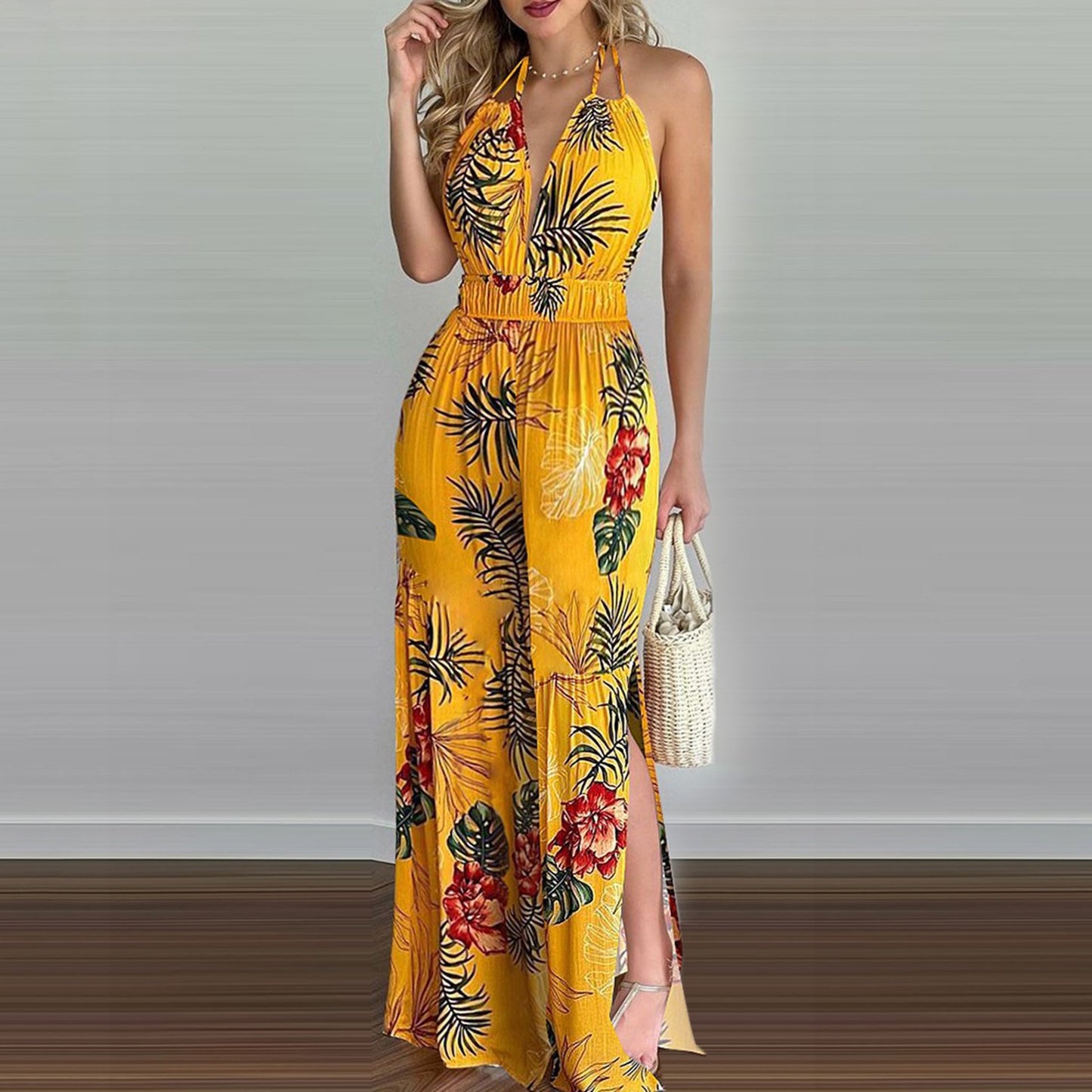 Women Floral Print Romper Halter Neck