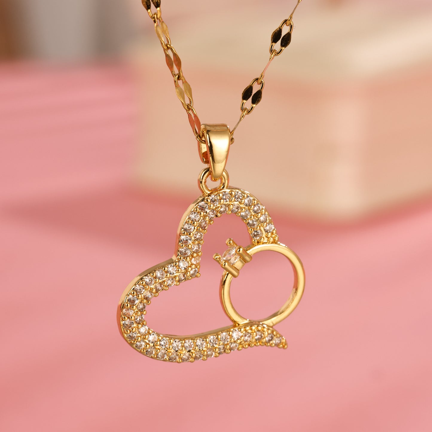 Japanese & Korean Full Diamond Heart-Shaped Zircon Ring Pendant Necklace – Minimalist & Niche Design