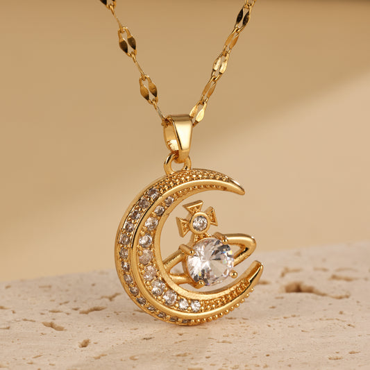 Korean Moon Planet Necklace – High-End Design, Personalized Zirconia Pendant for Women